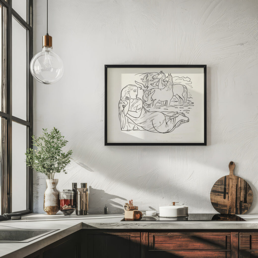 Schetsblad met vrouw liggend aan het strand met twee paarden en enkele zeemeeuwen 1891 Leo Gestel 6 mockup