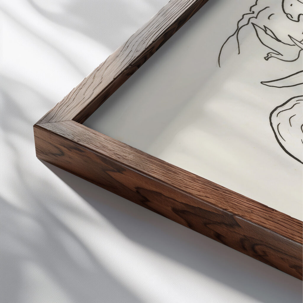 Schetsblad met vrouw liggend aan het strand met twee paarden en enkele zeemeeuwen 1891 Leo Gestel close up dark wood mockup