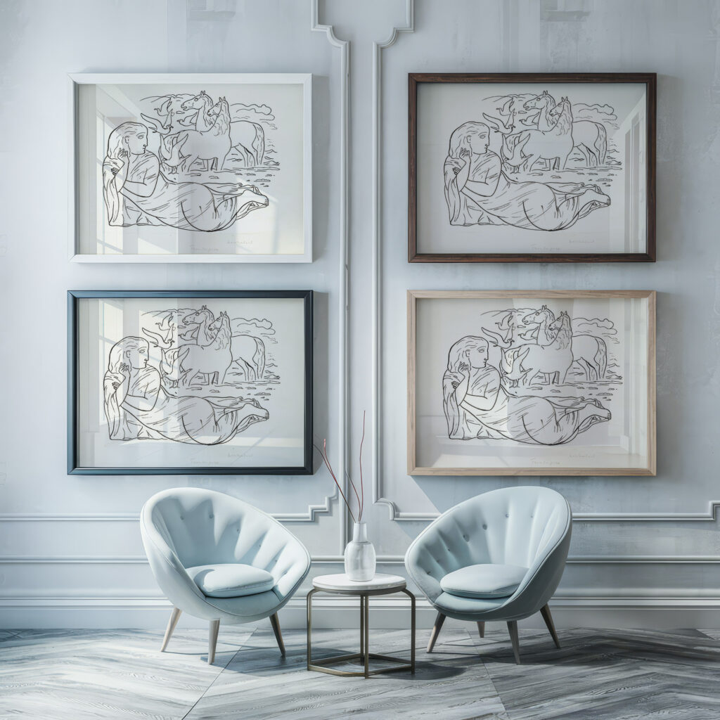 Schetsblad met vrouw liggend aan het strand met twee paarden en enkele zeemeeuwen 1891 Leo Gestel framed posters mockup