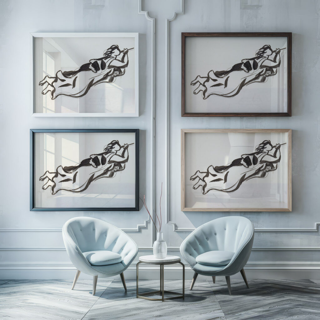 Schetsblad met zwevende vrouw met trompet 1891 Leo Gestel framed posters mockup