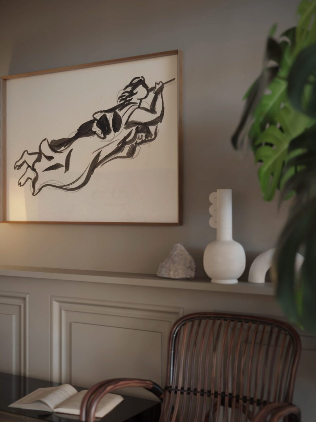 Schetsblad met zwevende vrouw met trompet 1891 Leo Gestel video mockup