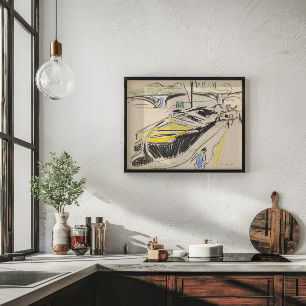 Schleppkahn am Elbufer im Hintergrund die Carolabrucke 1909 Ernst Ludwig Kirchner 6 mockup