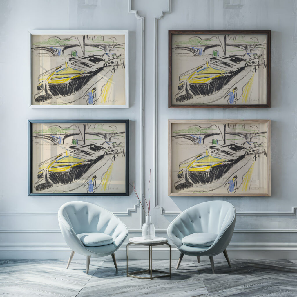 Schleppkahn am Elbufer im Hintergrund die Carolabrucke 1909 Ernst Ludwig Kirchner framed posters mockup