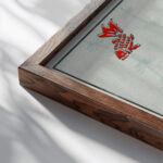 Seamless gold fish illustration Watanabe Seitei close up dark wood mockup