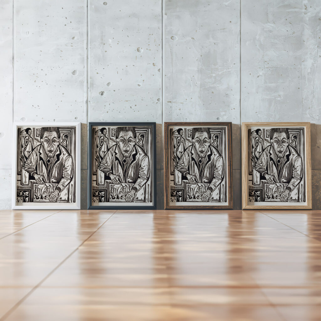 Selbstbildnis holzschneidend 1921 Ernst Ludwig Kirchner framed posters mockup