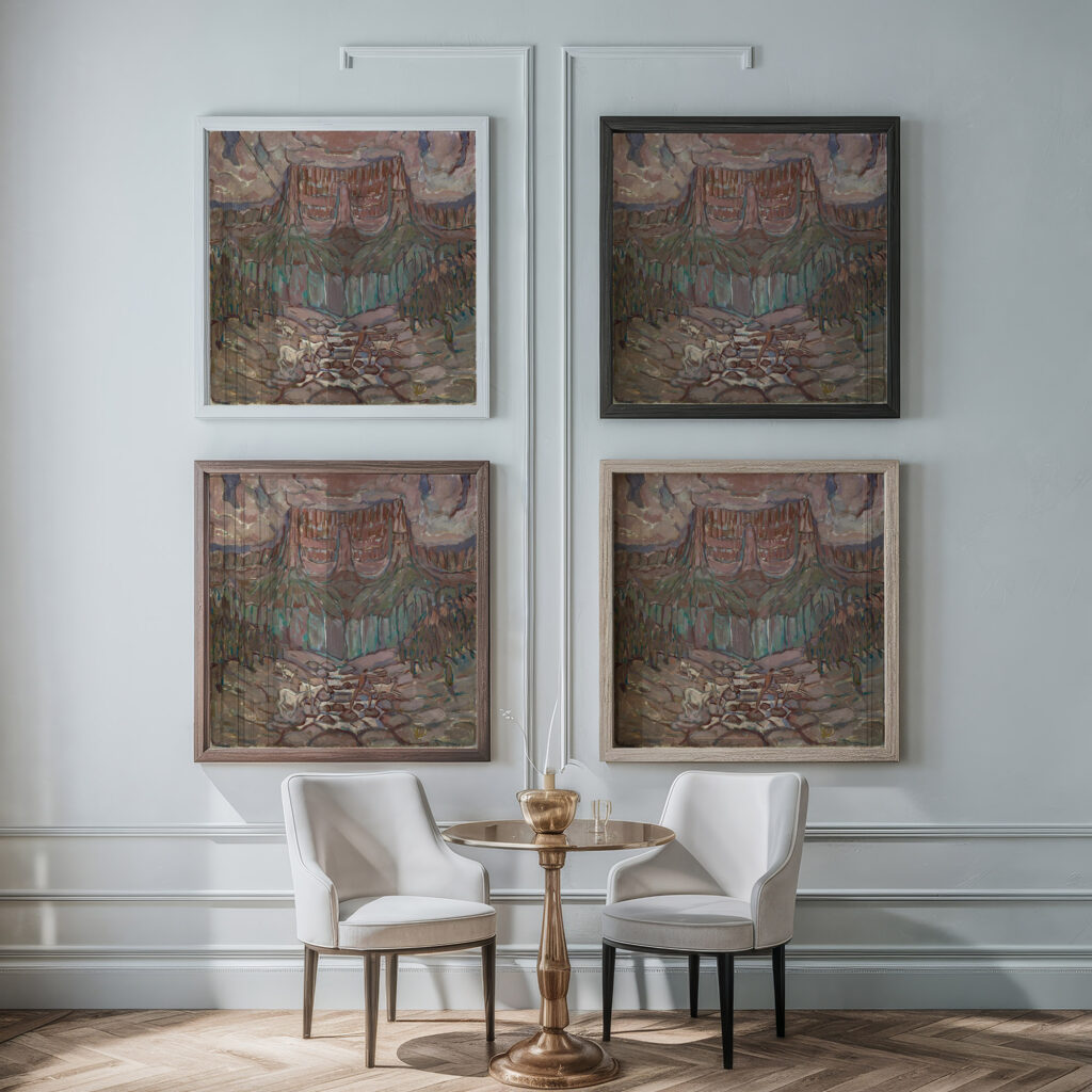 Shepherd and Flock Crossing a River in the Mountains 1914 Carl Burckhardt framed posters mockup