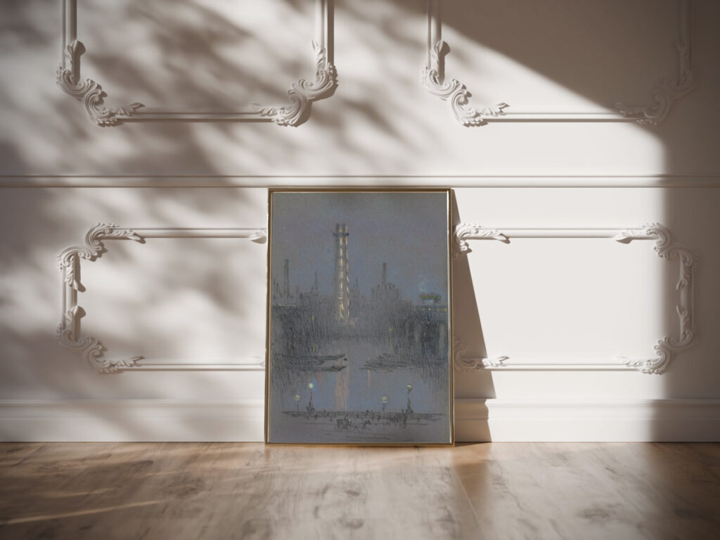 Shot Tower with night lights from Embankment 1880 Joseph Pennell video mockup