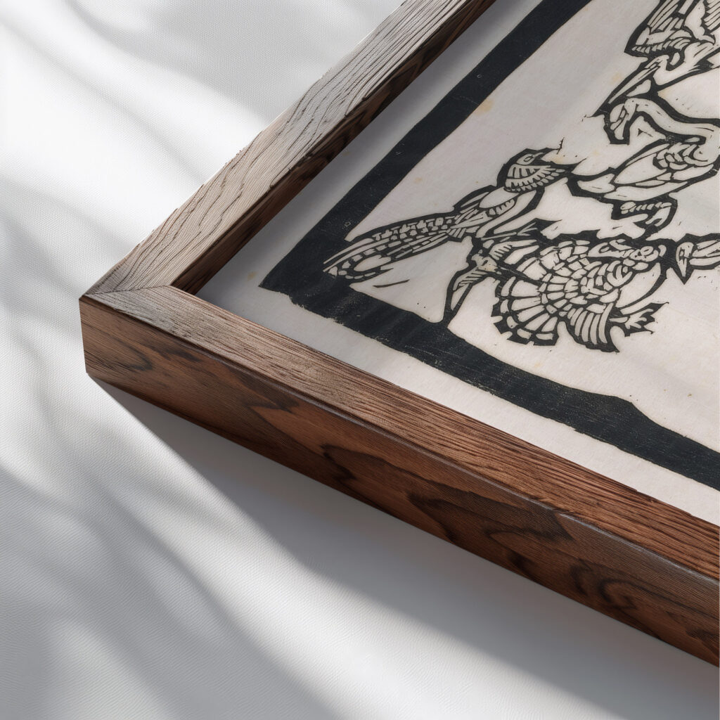 Sint Franciscus van Assisi staand in het water omringd door dieren 1926 Reijer Stolk close up dark wood mockup