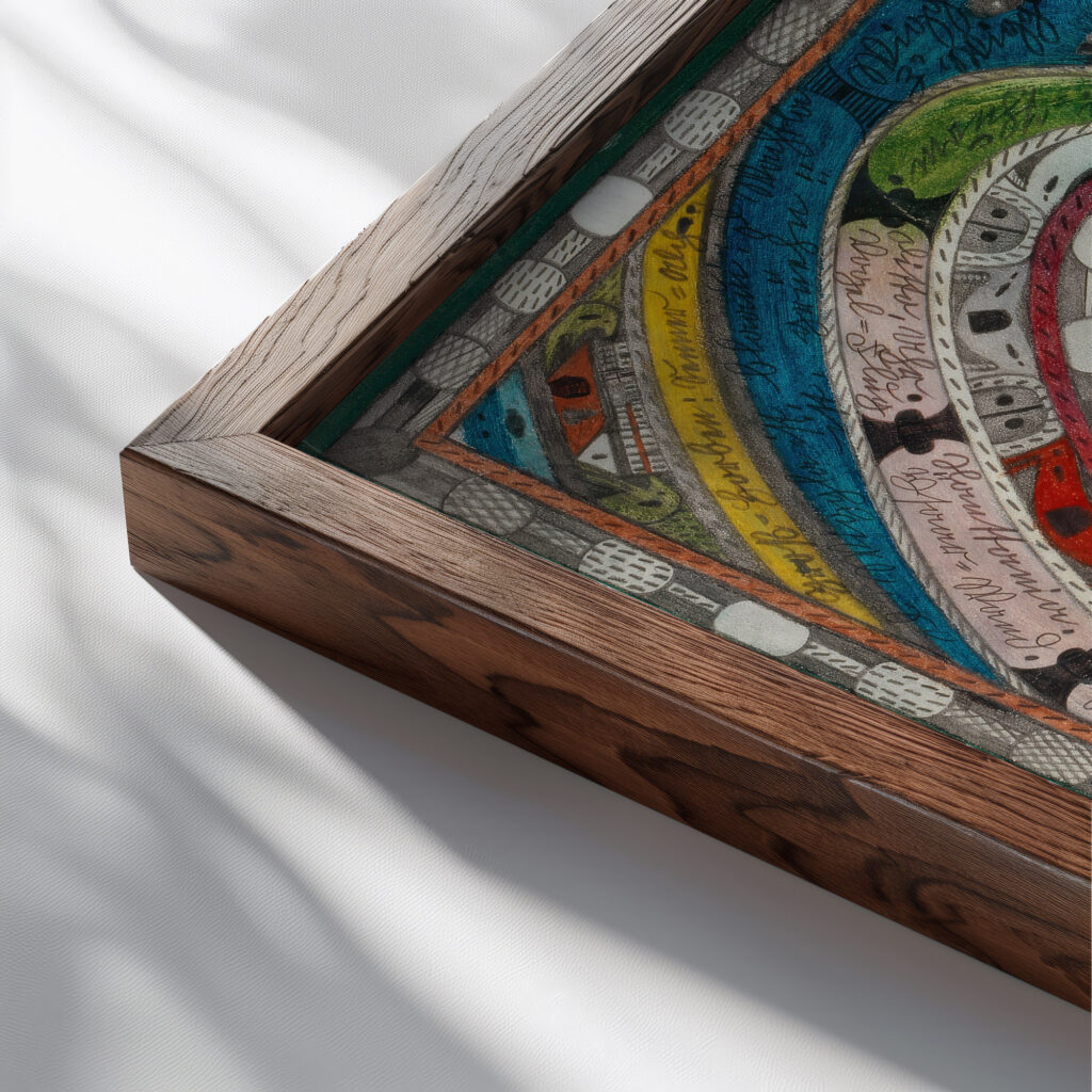 Skt. AdolfRiesenEskurial Reykiawik bei MarbachWiggen Kt. Luzern 1916 Adolf Wolfli close up dark wood mockup