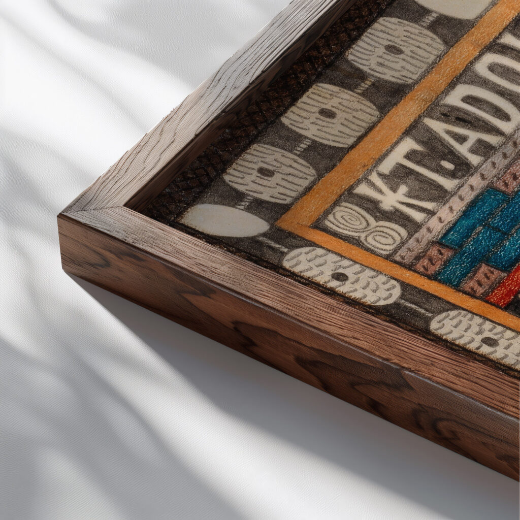 Skt. Adolfina Mariili und Wiegalinda Giselar 1920 Adolf Wolfli close up dark wood mockup