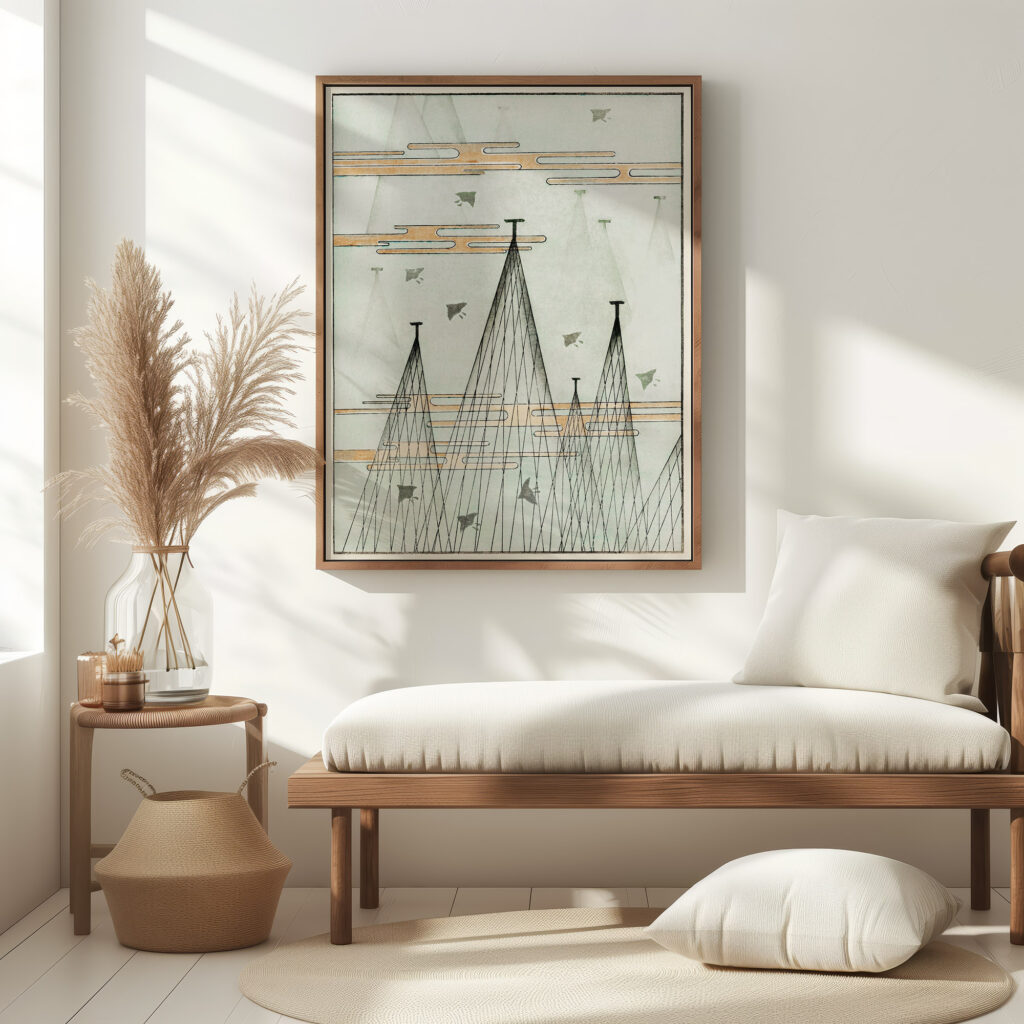 Skyscape with birds flying Watanabe Seitei 5 mockup