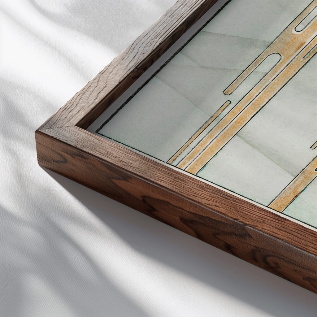 Skyscape with birds flying Watanabe Seitei close up dark wood mockup