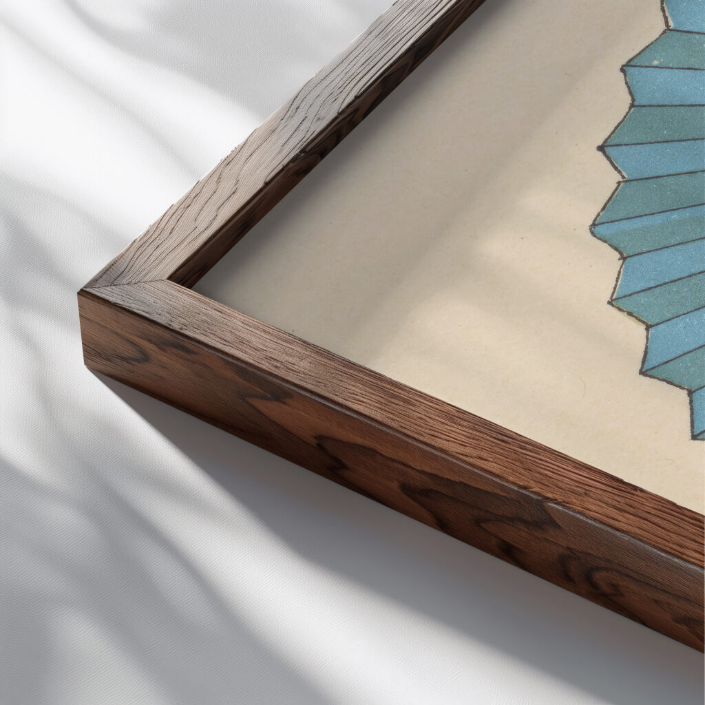 Smiling sun lantern design ca 1880 Unknown close up dark wood mockup