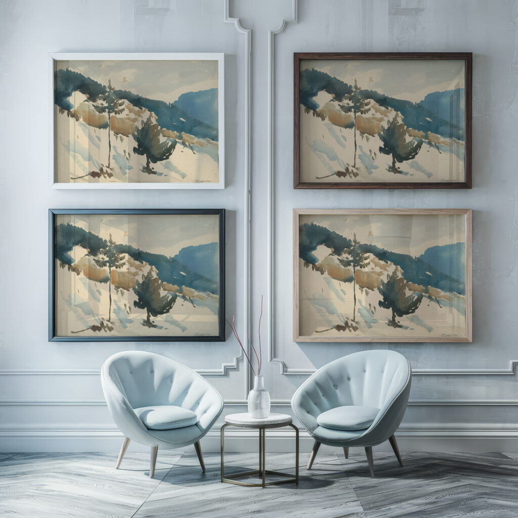 Snowy Plain in the Mountains 1930 Zolo Palugyay framed posters mockup