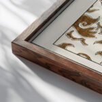 Spirit and floral motif illustration Watanabe Seitei close up dark wood mockup