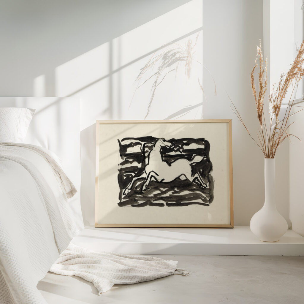 Springend paard met het hoofd naar achteren gedraaid in een kader met op de achtergrond golven. 1937 Leo Gestel 4 mockup