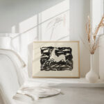 Springend paard met het hoofd naar achteren gedraaid in een kader met op de achtergrond golven. 1937 Leo Gestel 4 mockup