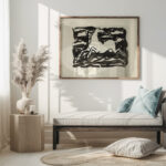 Springend paard met het hoofd naar achteren gedraaid in een kader met op de achtergrond golven. 1937 Leo Gestel 5 mockup