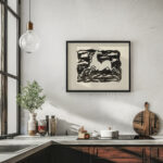 Springend paard met het hoofd naar achteren gedraaid in een kader met op de achtergrond golven. 1937 Leo Gestel 6 mockup