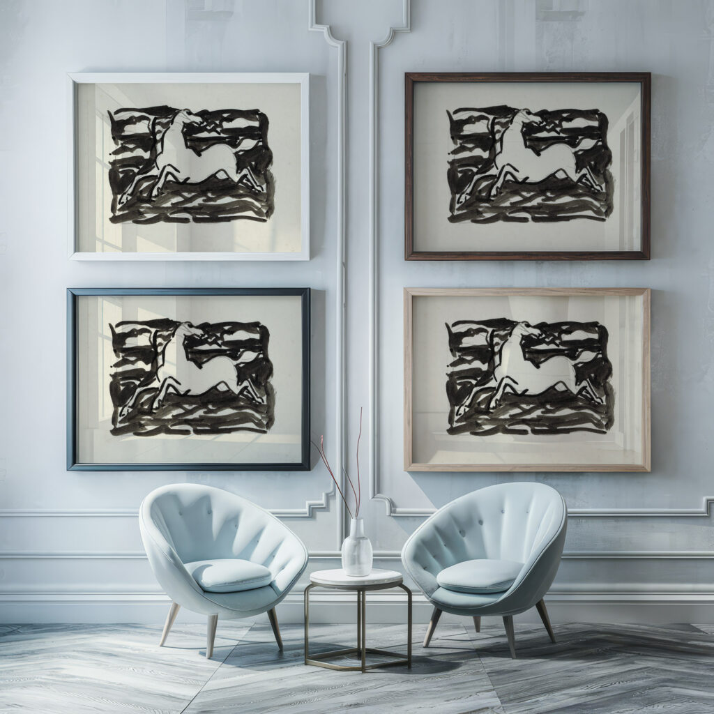 Springend paard met het hoofd naar achteren gedraaid in een kader met op de achtergrond golven. 1937 Leo Gestel framed posters mockup