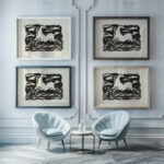 Springend paard met het hoofd naar achteren gedraaid in een kader met op de achtergrond golven. 1937 Leo Gestel framed posters mockup