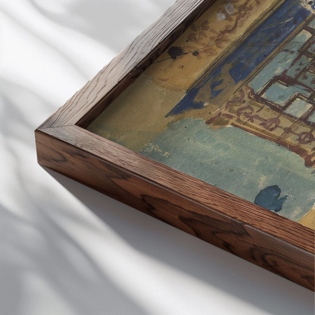 Stage Set Consisting Of Painted Panels Fabrics And Fans 1870 1890 Robert Caney close up dark wood mockup