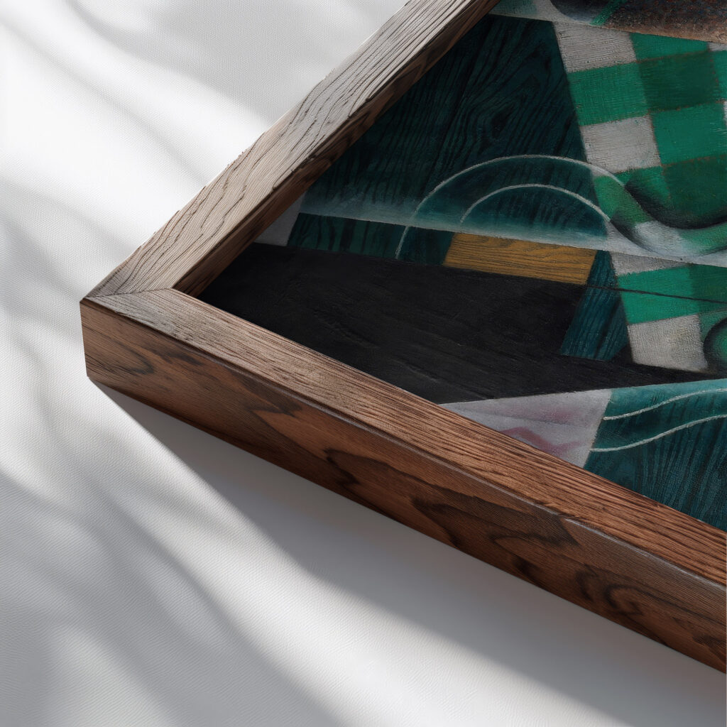 Still Life with Checked Tablecloth 1915 Juan Gris close up dark wood mockup