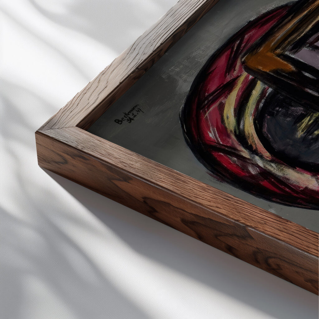 Still Life with Two Large Candles 1947 Max Beckmann close up dark wood mockup