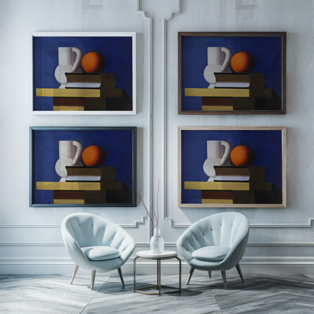 Still Life with White Jar Orange and Book 1932 – 1933 Vilhelm Lundstrom framed posters mockup