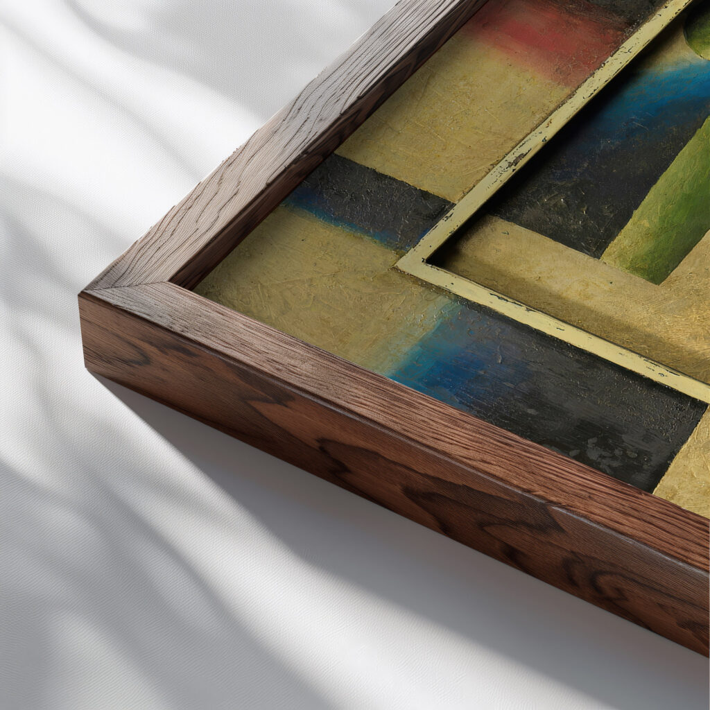 Still life with book jug and bottle. 1924 Arthur Segal close up dark wood mockup