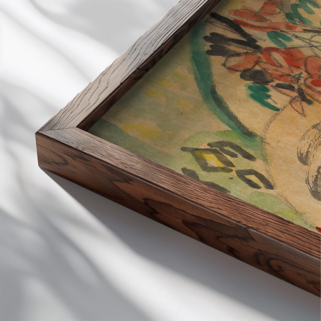 Stilleben mit Enzian und Turkenbund 1920 Ernst Ludwig Kirchner close up dark wood mockup