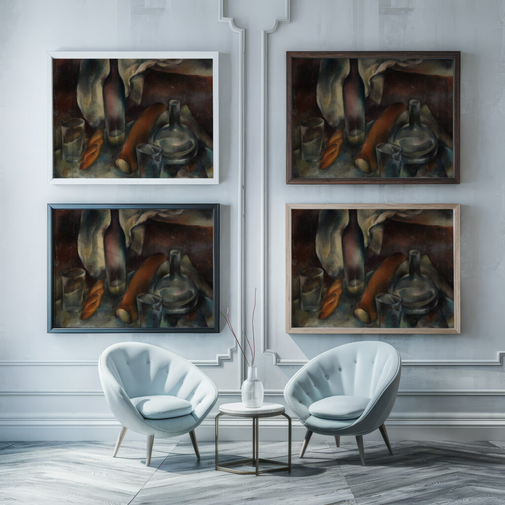 Stillleben mit Flaschen und Baguettes 1909 Hanns Bolz framed posters mockup