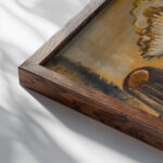 Stillleben mit Kaffeekanne Korinthen und Obst 1931 Paul Kleinschmidt close up dark wood mockup