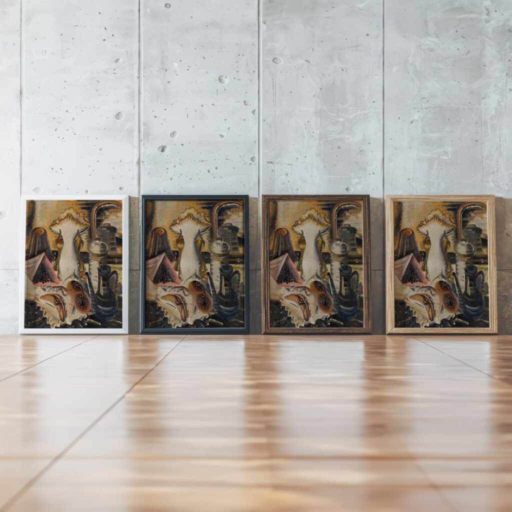 Stillleben mit Kaffeekanne Korinthen und Obst 1931 Paul Kleinschmidt framed posters mockup