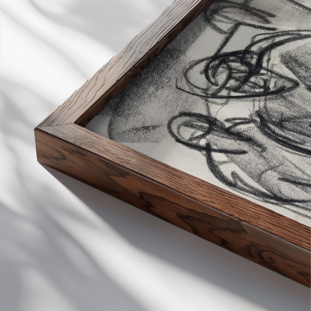 Studieblad met mannen aan het werk 1891 Leo Gestel close up dark wood mockup