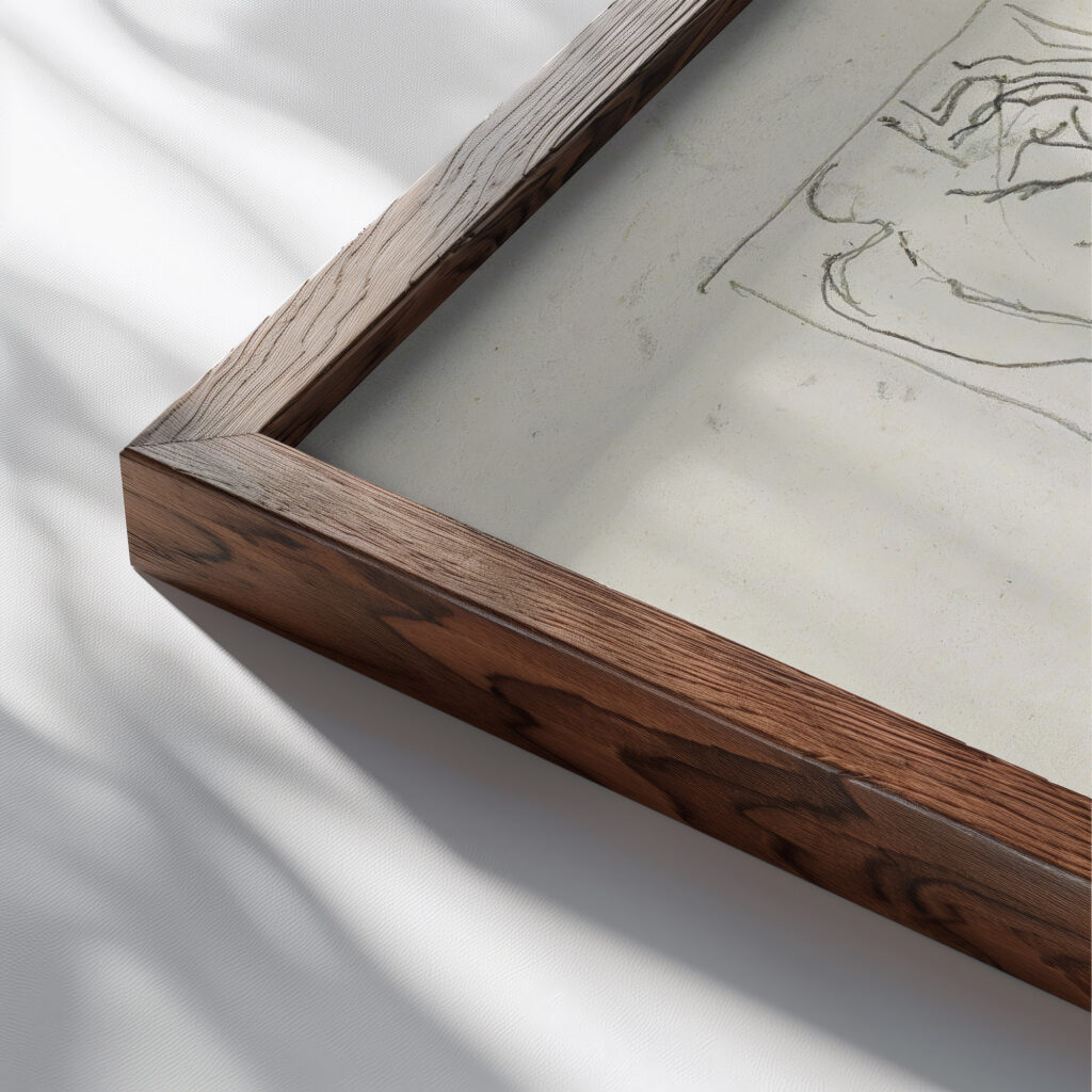 Studieblad onder andere met figuren en dierenkoppen 1906 Reijer Stolk close up dark wood mockup