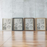 Studieblad onder andere met figuren en dierenkoppen 1906 Reijer Stolk framed posters mockup