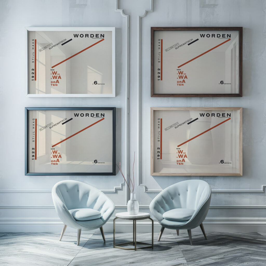 Suprematisch worden van tWee kWA drA ten in 6 konstrukties Pl. 4 1922 El Lissitzky framed posters mockup