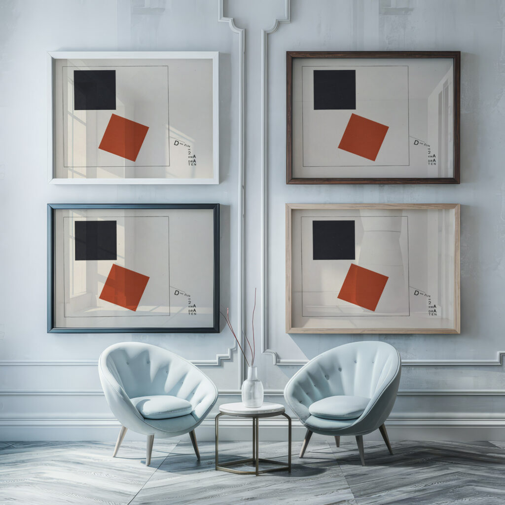 Suprematisch worden van tWee kWA drA ten in 6 konstrukties Pl. 7 1922 El Lissitzky framed posters mockup