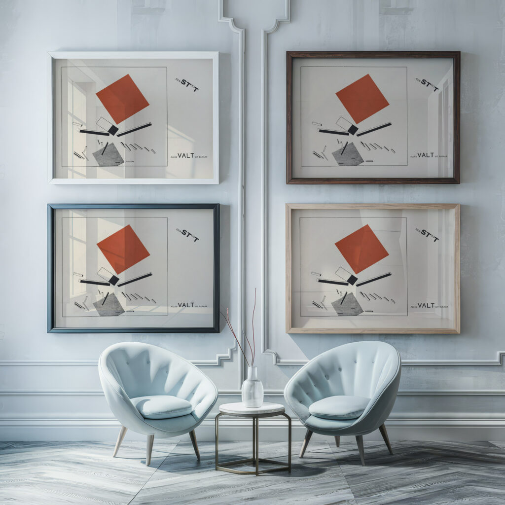 Suprematisch worden van tWee kWA drA ten in 6 konstrukties Pl. 9 1922 El Lissitzky framed posters mockup
