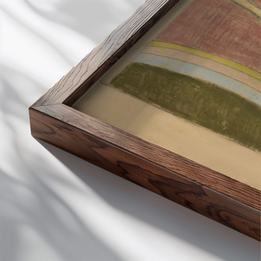 Swiety Franciszek. Projekt witraza do prezbiterium kosciola Franciszkanow w Krakowie 1897 Stanislaw Wyspianski close up dark wood mockup