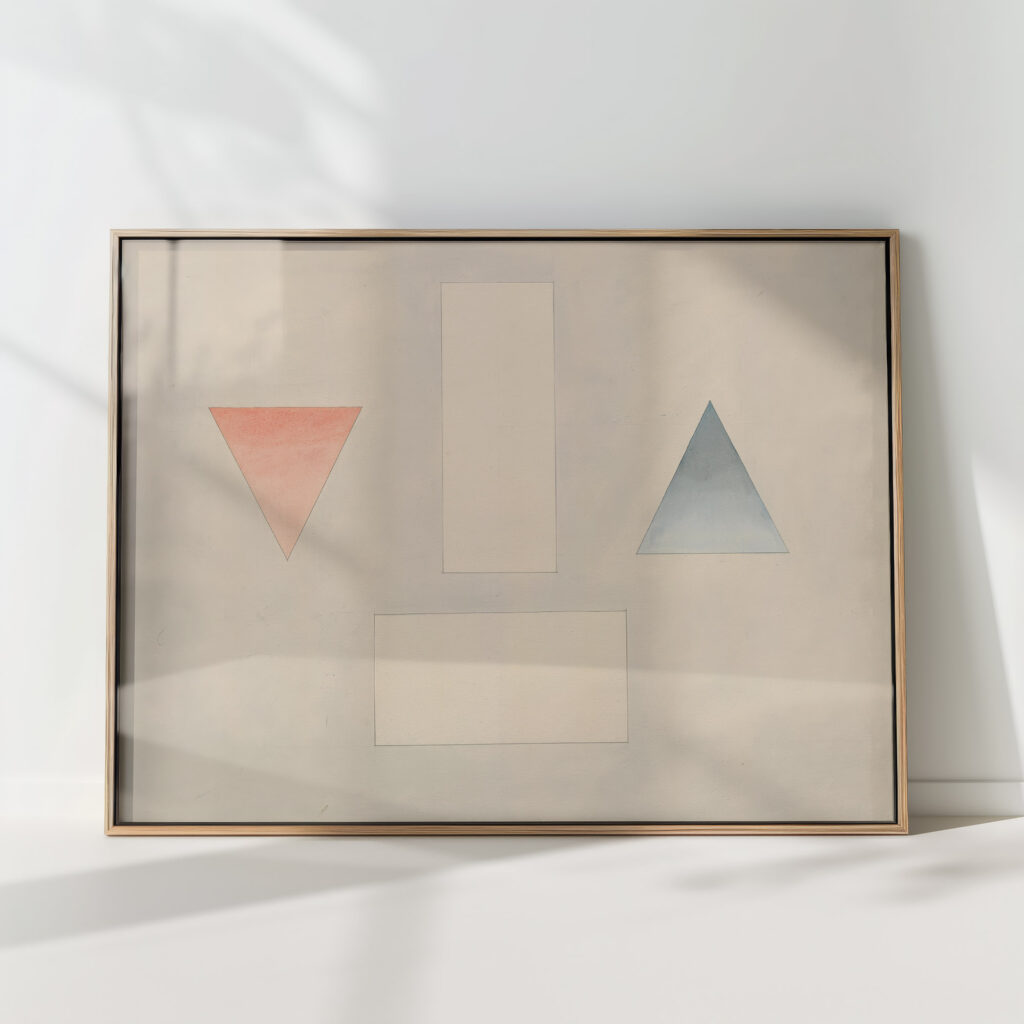 a red triangle pointing downwards a blue triangle pointing upwards and two floating rectangles david humbert de superville high quality print