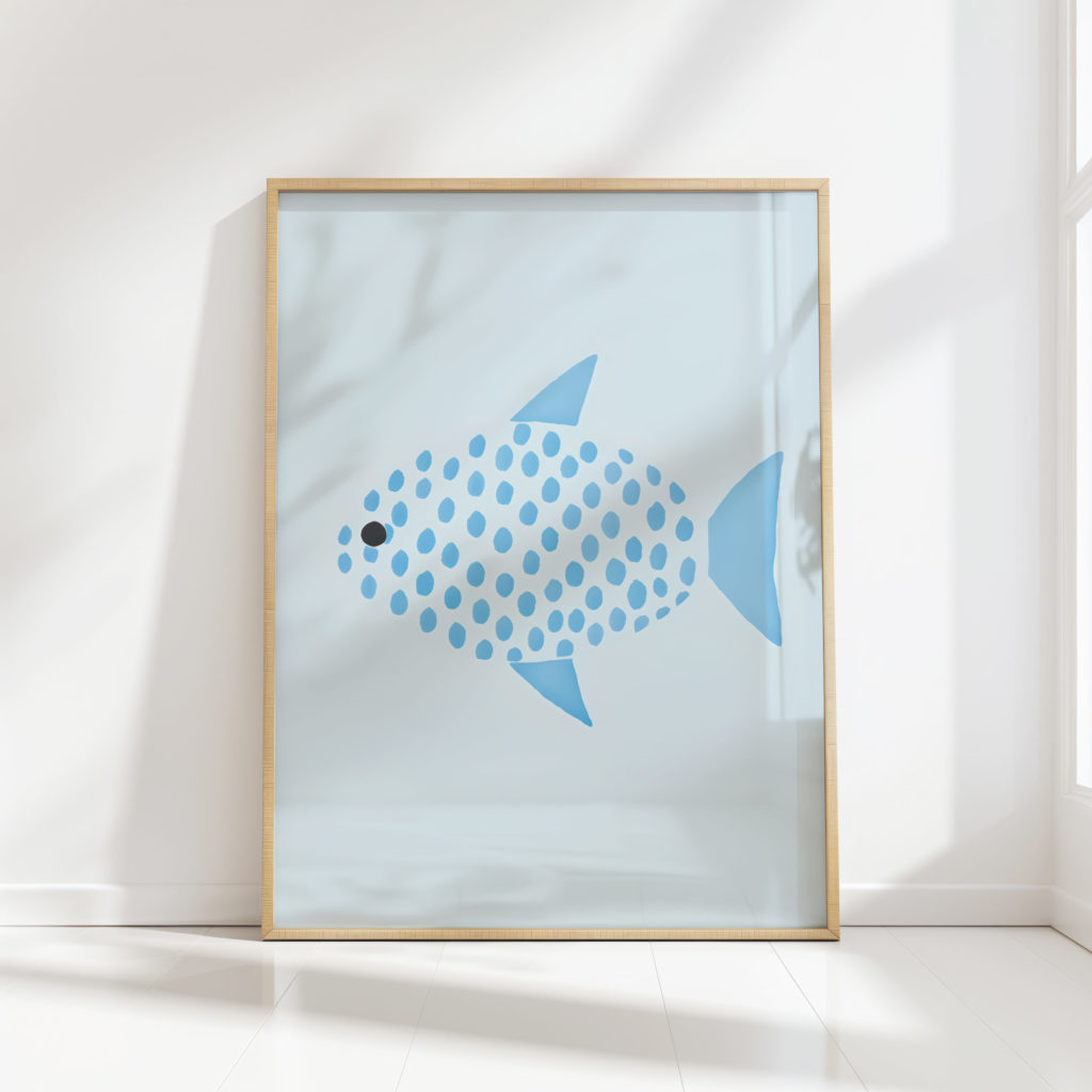 abstract blue fish art print for modern home decor
