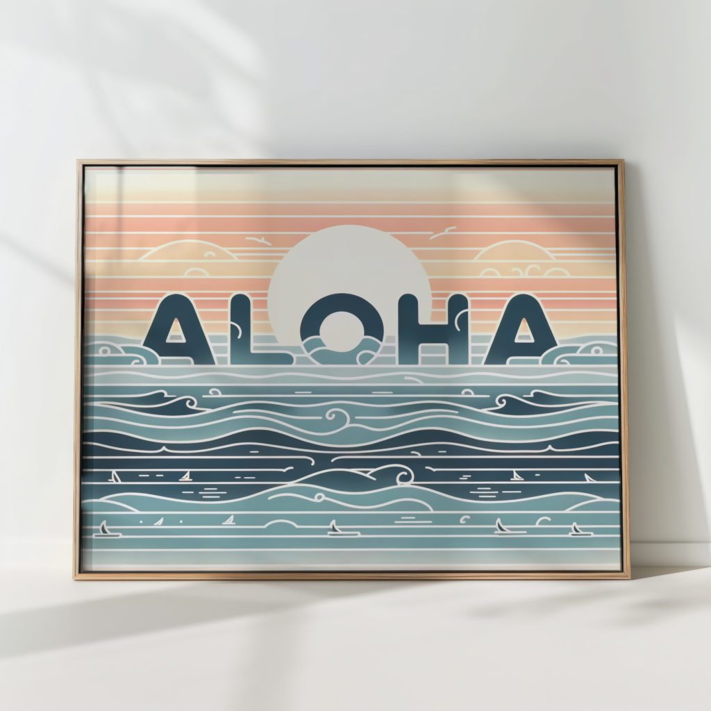 aloha themed ocean wave sunset art print