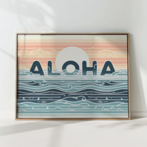 aloha themed ocean wave sunset art print