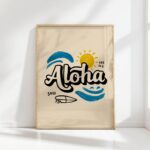aloha typography print with sun and waves design
