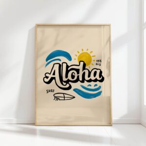 aloha typography print with sun and waves design