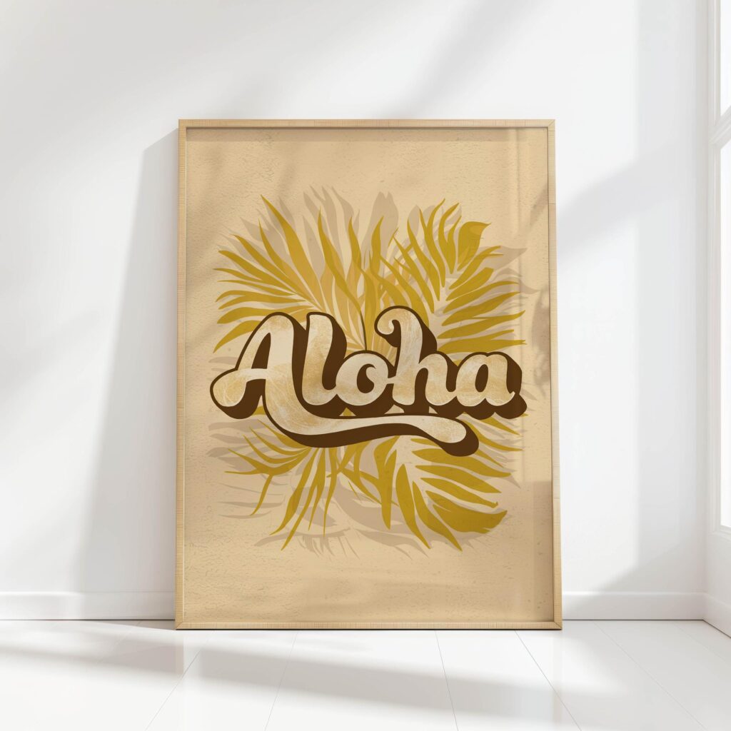 aloha typography print with tropical leaves