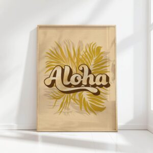 aloha typography print with tropical leaves