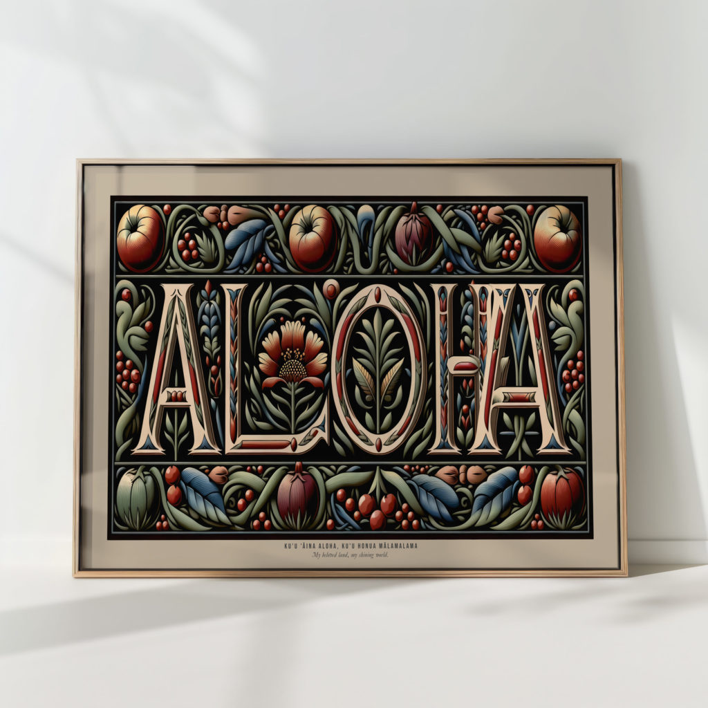aloha word art print with exotic floral design